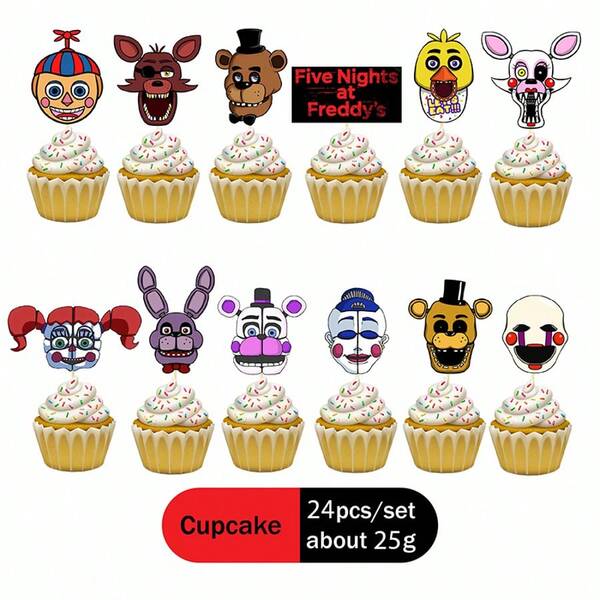 Five Nights at Freddy's 24 piezas Decoraciones para tarta con tema de Five Nights at Freddy's - Osos de Freddy del juego de terror de dibujos animados, suministros para fiestas, pequeños obsequios, recuerdos de fiesta