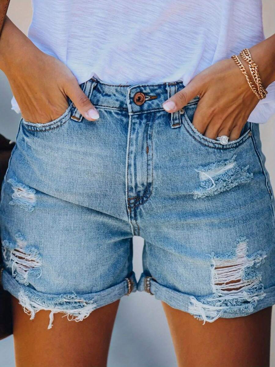 Women's Ripped Denim Shorts High Waist Casual Rolled-Hem Frayed Shorts With Pockets - Baby Blue - View 1