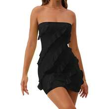 HOCILLE Women's Sexy Strapless Tube Top Bodycon Sleeveless Ruffle Mini Party Dress Backless Comfort Mesh Fabric 2024 Fashion Elegant Dress Summer Solid Color Formal Dresses For Women Short Party Dress - 黑色 - 查看 2