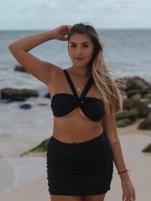Bikini Alma de Mar top drapeado y bottom con falda corta drapeada  Liso  Elegante  Tela  Espalda al aire  Nudo  Fruncido      Playa  Vacaciones - Negro - Ver 2
