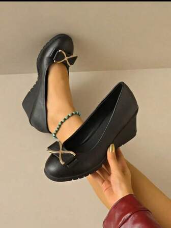 Women's Wedge Round Toe Slip-On Shoes, Versatile Black High Heel Wedges Platform Pumps, Thick Bottom Waterproof Formal Work Boat Shoes For Ladies