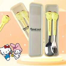 Sanrio (Authorized) Sanrio 2 Pieces Cute Cartoon Stainless Steel Portable Tableware Set, Children's Tableware, Student Outdoor Travel Spoon And Fork 2 Pieces Set, Suitable For Various Scenarios And Suitable For Various Festival Gifts(The Cutlery Box Can Be Disassembled Or Non Disassembled And Randomly Distributed),School Supplies
