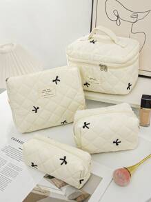 1Pc Bow Embroidered Cosmetic Bag Fashionable Large Capacity Quilted Makeup Bag Sets Travel Cosmetic Bag With Handle Lightweight Fluffy Filling Toiletries Bag For Travel Storage,Daily Use