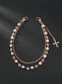 1 pieza Cadena de cintura con cruz de estilo punk imitando perlas, incrustada con rhinestones de colores, accesorio de Charm para hombres, joyería para pareja, regalo para vacaciones