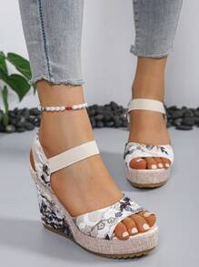 Women's European Style Chunky Platform Sandals, 2024 New Spring Summer Outdoor Versatile Strap Slide Sandals, Model Stage Sexy Floral Print Beach Casual Comfortable Open Toe Wedge Shoes, Green Floral Platform Shoes For Short Women