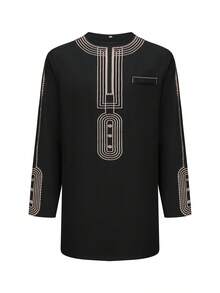 Traje tradicional para hombre, conjunto de 2 piezas con chaqueta de manga larga bordada de estilo africano y pantalones casuales para fiesta festiva - Negro - Ver 6