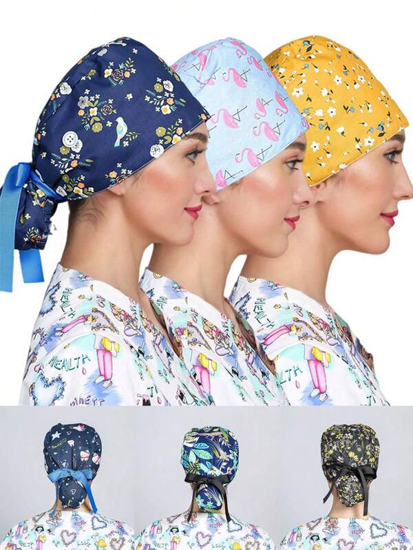 1pc Adjustable Breathable Cartoon Printed Pattern Nurse Cap For Women