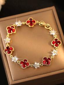 jealous young 1 件幸运方晶锆石四叶草设计女士时尚手链，适合婚礼手链，适合惊喜礼物，迷人节日订婚派对珠宝礼物 - 紅色 - 查看 5