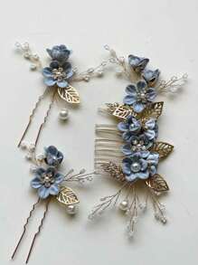 3 Stücke Braut Hochzeitskopfschmuck, blauer Blumen Haarkamm, perlenbestickter Strass Samt Blumen Haarschmuck für Braut