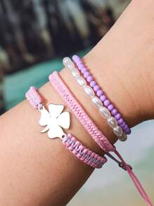 4 szt./5 szt. Bohemian Zinc Alloy Resin Shell & Faux Pearl CCB Ocean Elements Palm Tree, Wave, Turtle, Sunflower, Lucky Clover Tassel Handmade Woven Bracelet Set, Odpowiedni dla kobiet, do codziennego noszenia, letni prezent na wakacje na plaży