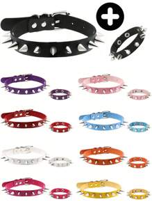 2pcs/Set Punk Rock Spiked Choker Collar And Bracelet Set, PU Leather Necklace And Cuff Accessories For Unisex, Suitable For Daily Wear, Festivals And Parties