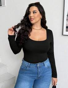 Body Plus Size Feminino Manga Longa decote quadrado tecido Suplex Modelagem perfeita
