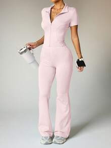 女士瑜伽运动套装：短袖拉链外套和高腰喇叭裤 - 吸湿排汗，四向弹力，适合瑜伽、普拉提、健身房锻炼（多种颜色/尺码可选） - 粉色 - 查看 4