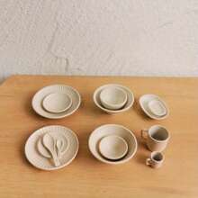 7pcs Mini Striped Tableware, Striped Bowl, Plate And Cup Set, Kitchen Decoration Simulation Play House Toys, Realistic Doll House Accessories