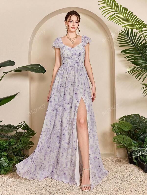 Mgiacy,New Arrival,V-Neck,Printed,Elegant,Bridesmaid Dress,Flounce Sleeve,Decorative Button,Ruffle,Chiffon,Long Dress,FOR,Wedding Guest