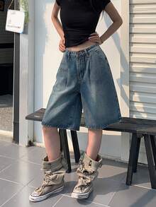 High Street Vintage Zniszczone Niebieskie 5-calowe Szorty Midi Z Zakładkami, Damskie Luźne Szerokie Nogawki Proste Szorty Jeansowe Bez Paska, Wiosna/Lato - Niebieski - Zobacz 4