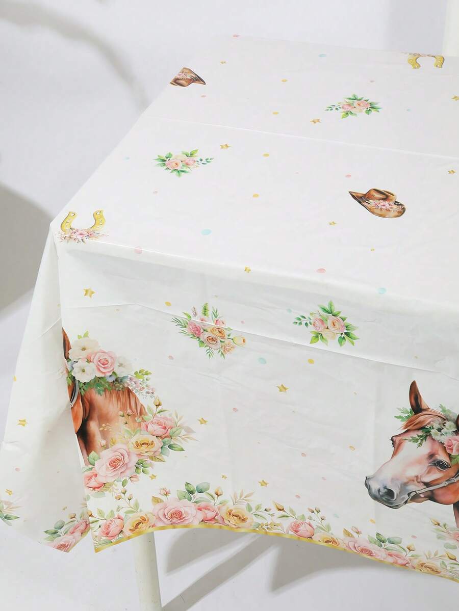 3pcs 137*274cm/53.94*107.87in Disposable Tablecloth With Gold Edge, Pink Floral & Horse Pattern, Suitable For Themed Parties And Daily Use - Multicolor - View 1