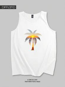 Open Phase 男士休闲度假上衣，椰树印花图案，休闲无袖上衣，适合春夏季度假穿着 - 白色 - 查看 2