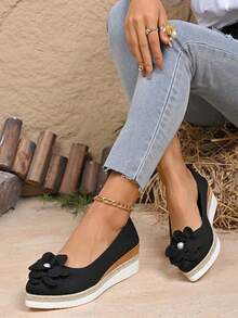 Fashionable Women's Solid Color Rope Sole Shoes With Bow Decor, Versatile Platform & Wedge Heels - Black - View 2