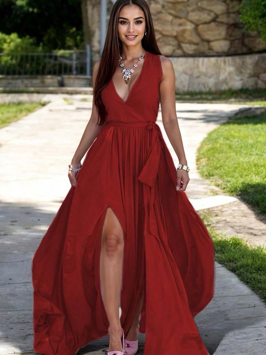 Vestido Largo Elegante Escote en V con Abertura en Pierna y Cinturón Ajustable para Mujer - Rojo - Ver 1