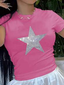 女式休闲简约仿钻石星星印花短款T恤，夏季