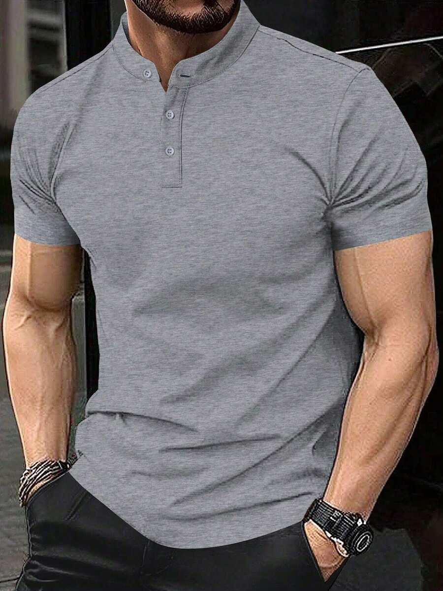 Men's Solid Color Polo Shirt, Fashion Casual Short Sleeve Henley T-Shirt - Light Grey - View 1