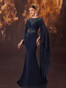 DELLA COUTURE Women's Summer Round Neck Navy Formal Party Chiffon Evening Gown Cape Sleeve Design With Exquisite Beading Fashionable Women's Elegant Fitted Gorgeous Floor-Length Dress Suitable For Parties And Formal Occasions Women's Evening Gown - Navy Blue - View 5