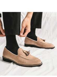 Men's Versatile Business Formal Shoes, Solid Color Casual Slip-On Loafers With Tassels