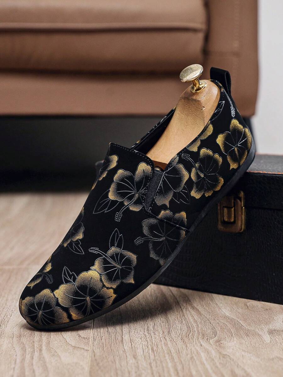 Men's Spring/Summer Slip-On Printed Loafers, Casual Moccasin Shoes - Gold - View 1