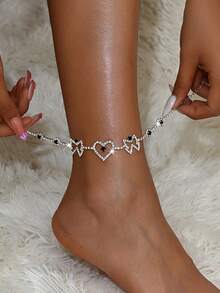 1pc Fully Rhinestone Heart & Butterfly Anklet, Personalized Jewelry For Women Beach Holiday Daily Wear - Black - View 12