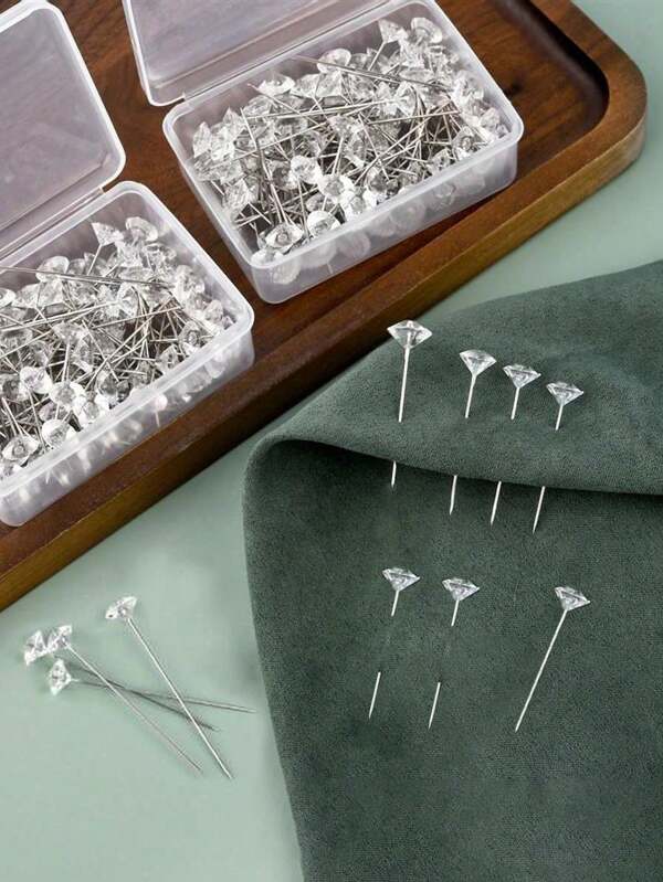 100pcs Faux Diamond Crystal Head Pins, Plastic Box Package, For Wedding Sewing DIY Craft Decor, Transparent Diamond Shape Decorative Pins, DIY Garment, Florist & Quilting Marking Pins