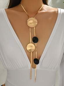 1pc New Fashion Creative Patchwork Black & Gold Geometric Round Pendant Tassel Long Necklace - Golden - View 1