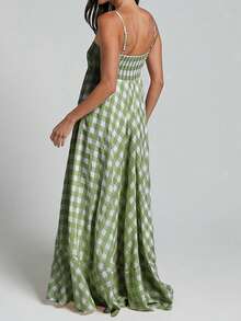 Women Summer Sleeveless Dress Casual Plaid Print Spaghetti Strap A-Line Party Dresses - màu xanh lá - Xem 4