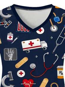 Plus Size Women V-Neck Short Sleeve Uniform T-Shirt Top With Pockets (Random Print), Nurse Scrub Top Spring - Blue - View 3