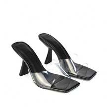 XY LONDON Lacie Women's Clear Strap High Heel Mule Sandals, Sculptured Heel, Square Toe, Black, White, Orange, Synthetic Leather, Glamorous, Nightclub Style, Sexy, Spring/ Summer - Black - View 1