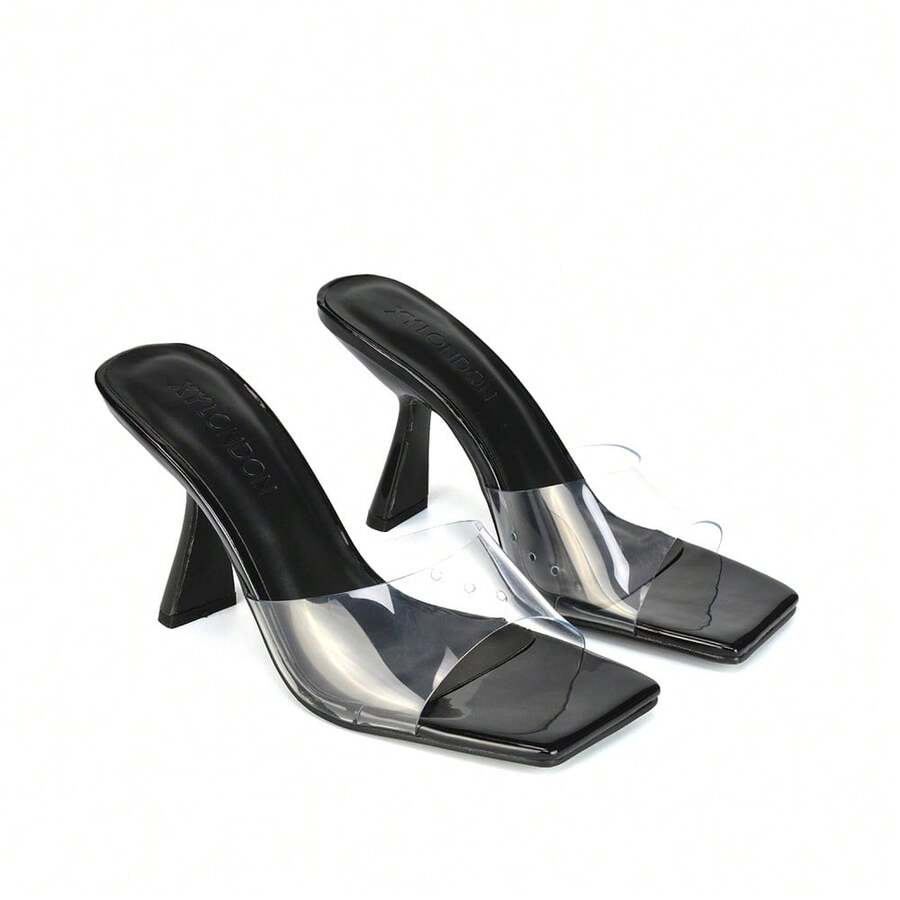 XY LONDON Lacie Women's Clear Strap High Heel Mule Sandals, Sculptured Heel, Square Toe, Black, White, Orange, Synthetic Leather, Glamorous, Nightclub Style, Sexy, Spring/ Summer - Black - View 1