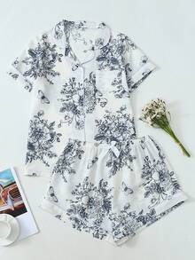 Set Piyama Celana Pendek Lengan Pendek Motif Bunga untuk Wanita - Krem - View 1