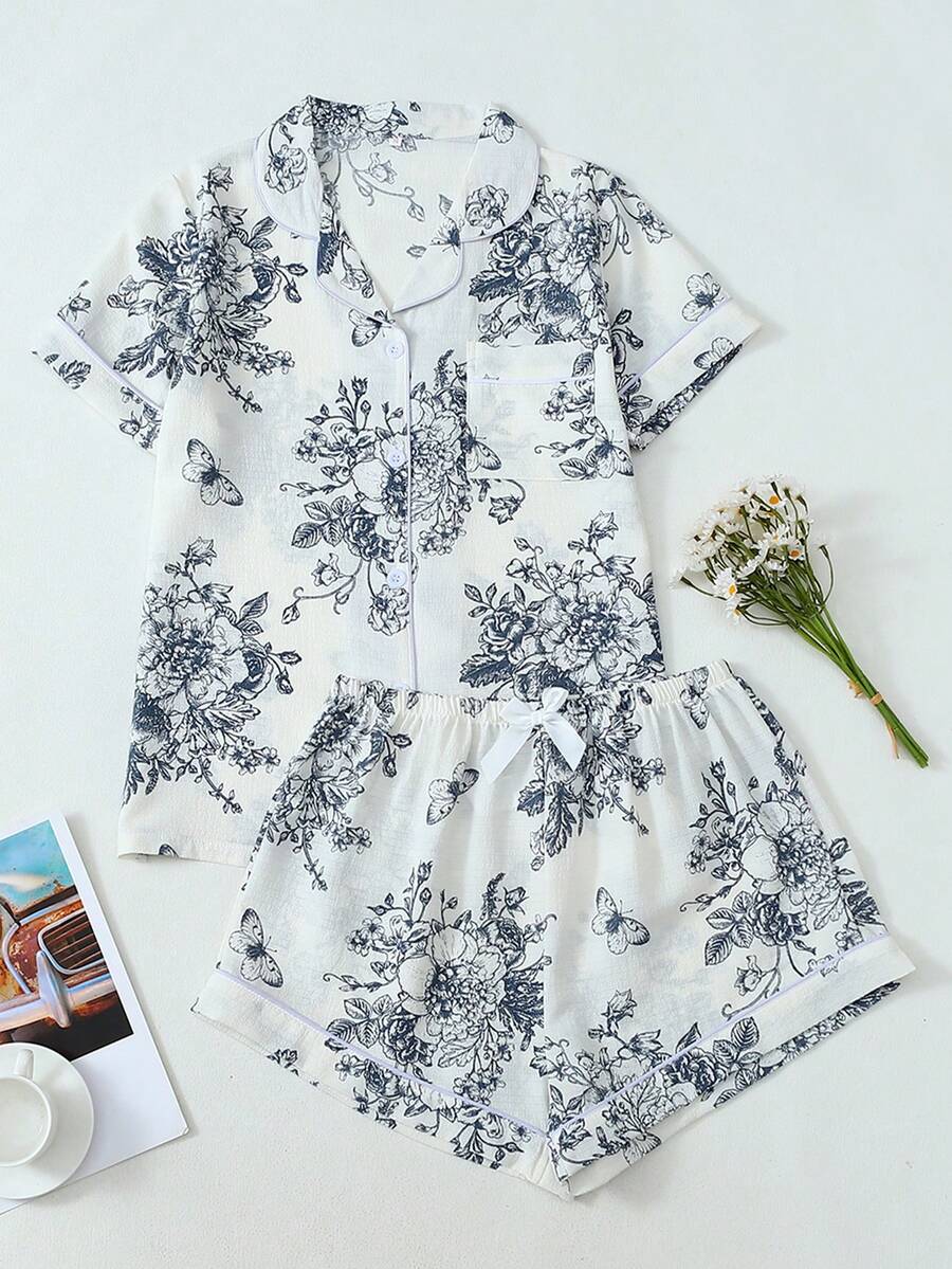 Set Piyama Celana Pendek Lengan Pendek Motif Bunga untuk Wanita - Krem - View 1