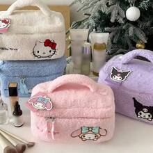 1 件 Hello Kitty MyMelody Kuromi Cinnamoroll 毛绒材质化妆包、化妆品收纳包、便携式洗漱包、护肤包、大容量化妆包 - 彩色 - 查看 1