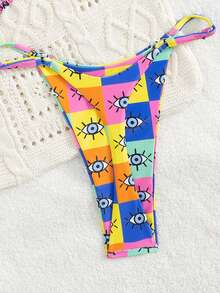 2 bộ đồ bơi bikini gợi cảm in họa tiết kẻ caro tối giản mùa hè có dây buộc sau lưng có thể điều chỉnh eo cho nữ - Màu xanh lam - Xem 5