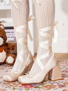 Talons hauts à bout carré style ballet Lolita, chaussures de style français à bride croisée Babies avec nœud en satin de couleur unie, chaussures de mode Y2K en PU pour l'extérieur, convenant pour toutes les saisons