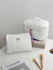 1 Piece White Heart Quilted Plaid Cosmetic Bag, Heart Pattern, Girly Heart Design, Multifunctional Cosmetic Storage Pouch Portable Cosmetic Brush Clutch Bag - Multicolor - View 14