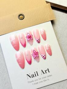 10Pcs Handmade Acrylic Press On Nails Flakes Almond Shape Pure Handcrafted Super Beautiful High-Grade Gentle Multi-Color French Smudging Hand Pinch Three-Dimensional Flowers Hand-Painted Shell Pattern Flower Drop Water Ripple With Small Gold Beads Wearing Nail Suitable For Girls And Women Nail Supplies Nails