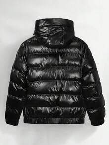 Men's Long Sleeve Winter Casual Warm Hooded Glossy Detachable Cap Padded Coat, Fall - Black - View 3