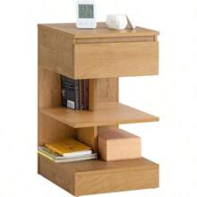 Bedside Table Nightstand Side End Table With 1 Drawer And 2 Shelves Natural W39 X D39 X H65cm - Natural - View 1