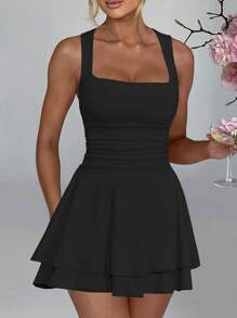 Women's Square Neck Ruffle Hem Mini Dress Ruched Waist Short Party Dresses