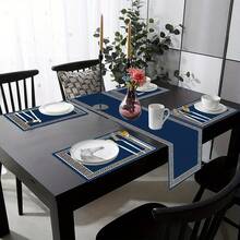1 Set Of 7pcs Placemats & Table Runner Set, Geometric Greek Key Design Table Runners And Placemats, Suitable For Dining Room Table, Navy Blue Washable Placemats, Kitchen Dining Room And Outdoor Party Table Decor - Blue - View 4