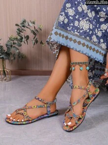Sandalias de mujer estilo bohemio, sandalias planas tipo chanclas con estampado floral retro, sandalias planas casuales y vintage, pantuflas deslizantes para uso en el hogar, vacaciones y uso diario
