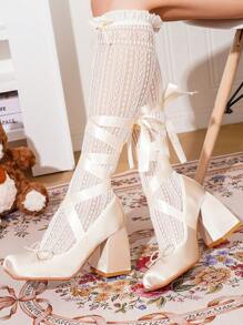 Talons hauts à bout carré style ballet Lolita, chaussures de style français à bride croisée Babies avec nœud en satin de couleur unie, chaussures de mode Y2K en PU pour l'extérieur, convenant pour toutes les saisons