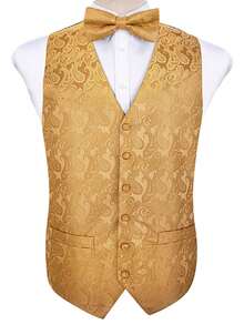 Mens Waistcoat Bowtie Hanky Cufflinks Paisley Vest Wedding Prom - Gold - View 2